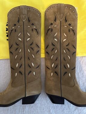 Isabel Marant TALL Tan Suede Knee Denvee Boots with Laser-Cut Detail